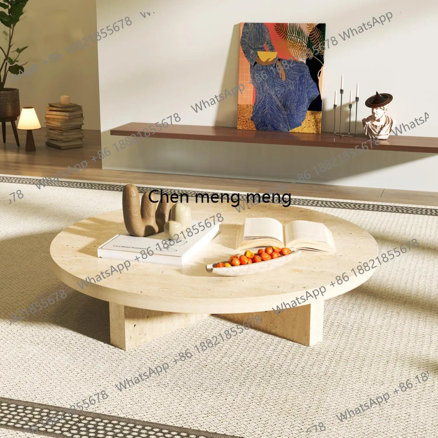 "Pink Jade Round Coffee Table - Luxury Marble Slate Side Table for Spacious Living Room, High-End Stone Tea Table"