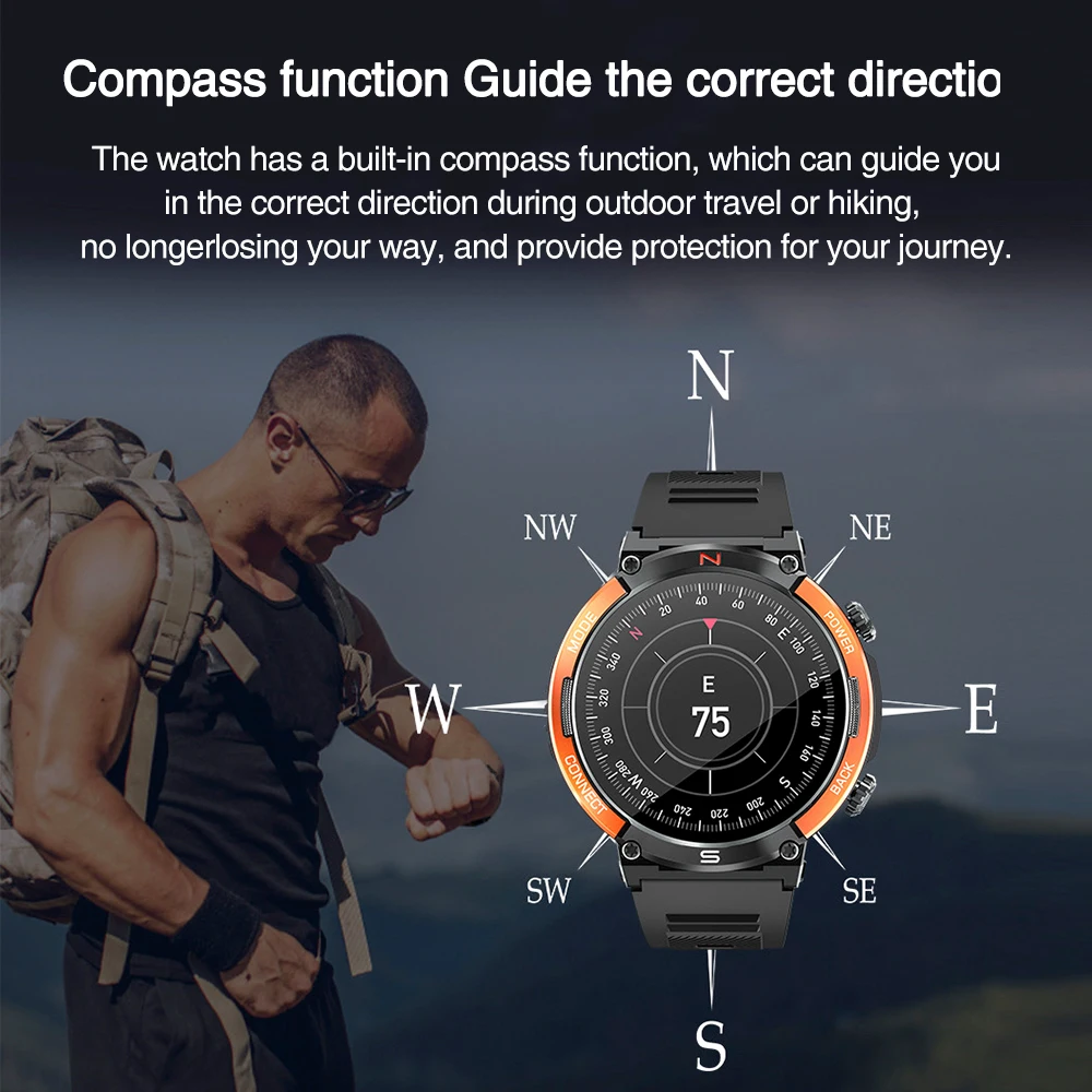 1,52-дюймовый 360*360 HD-экран Blue Tooth Call Смарт-часы Компас Обнаружение сердечного ритма и кислорода в крови 420 мАч Длительный режим ожидания Спорт