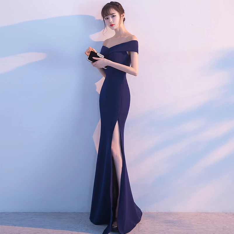 Women Prom Party Banquet Evening Dresses Ladies Split Fishtail Skirt one-shoulder Long Host Dress Wedding Party Bridesmaid Skirt