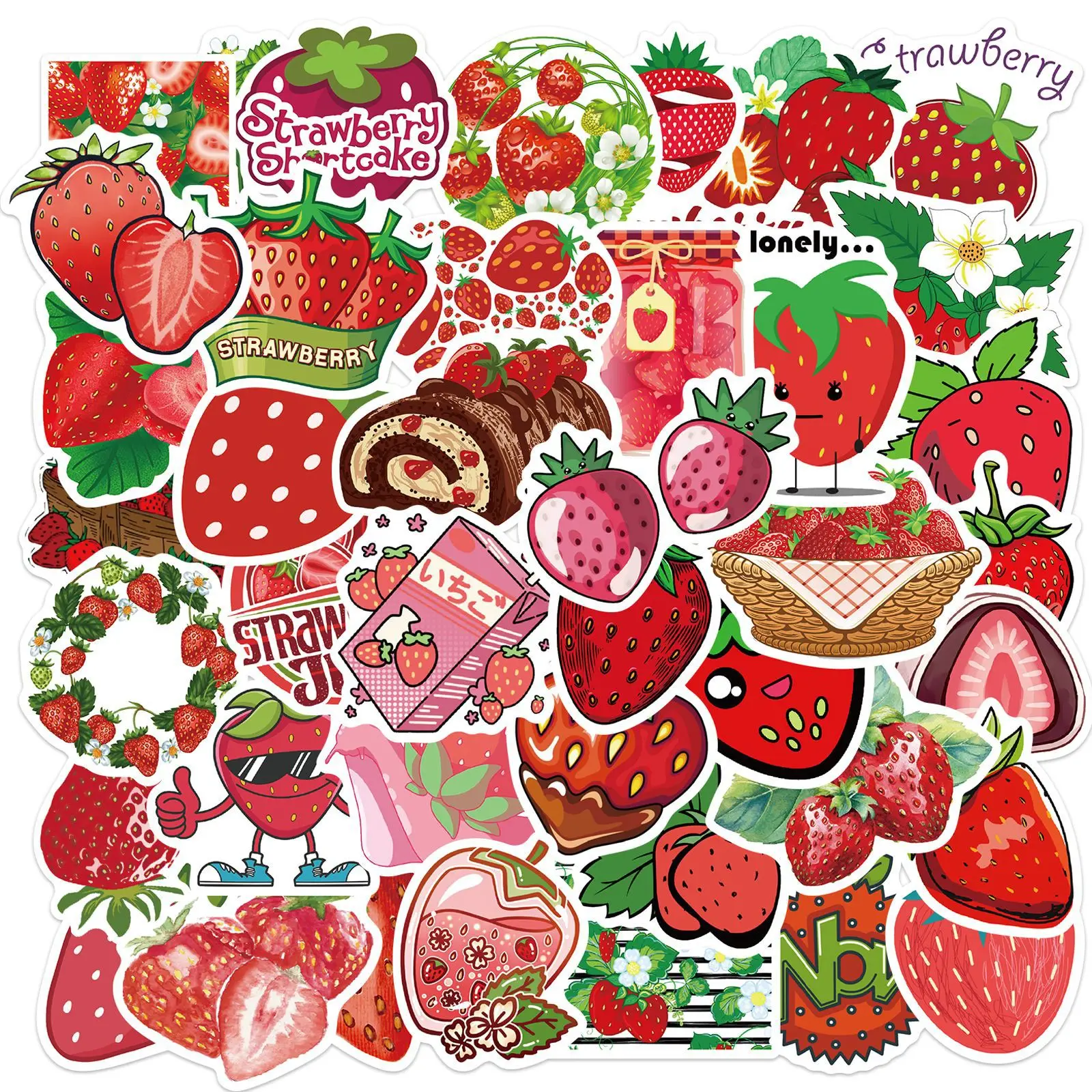50 Uds. De pegatinas de fresas y frutales frescas, bonitos patrones creativos y exquisitos para bricolaje, decoración para álbum de recortes de ordenador portátil, suministro de arte para estudiantes