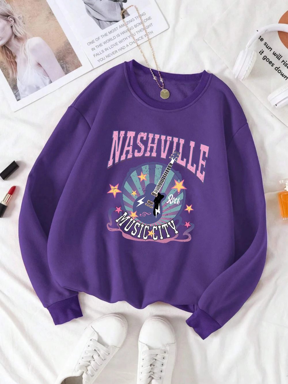 Street Woman Pullover Nashville Music Cith Poster Printing Hoodie Crewneck Loose Fleece Soft Sweatshirt Autumn Female Clothes