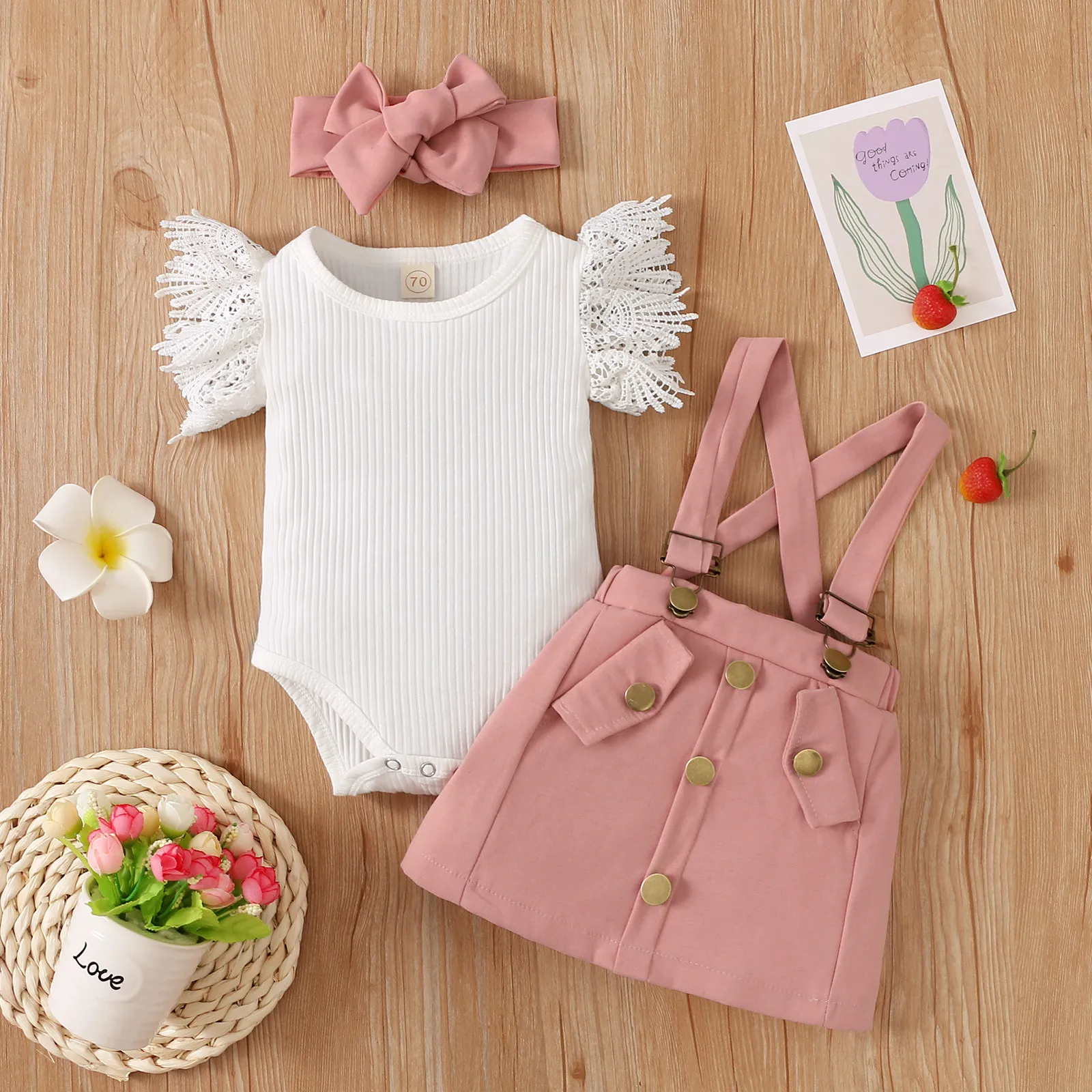 Baby Girl Birth Gift Infant Girls Ruffles Fly Sleeve Solid Ribbed Romper Lace Bodysuits Suspenders Skirt Auntie Girl Outfit