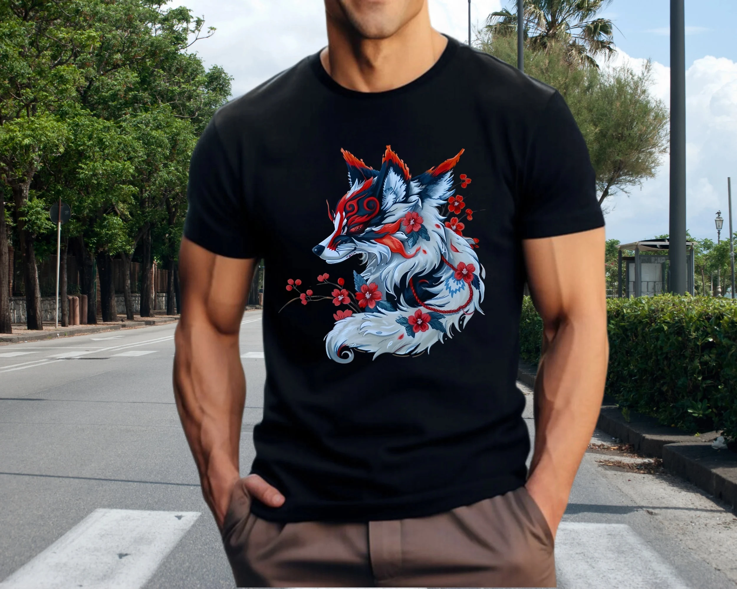 قميص الثعلب الياباني الجديد من Kitsune الأفضل مبيعًا، قميص الثعلب ذو التسعة الذيل، قميص شجرة ساكورا، الملابس اليابانية، ملابس الثعلب الياباني #2