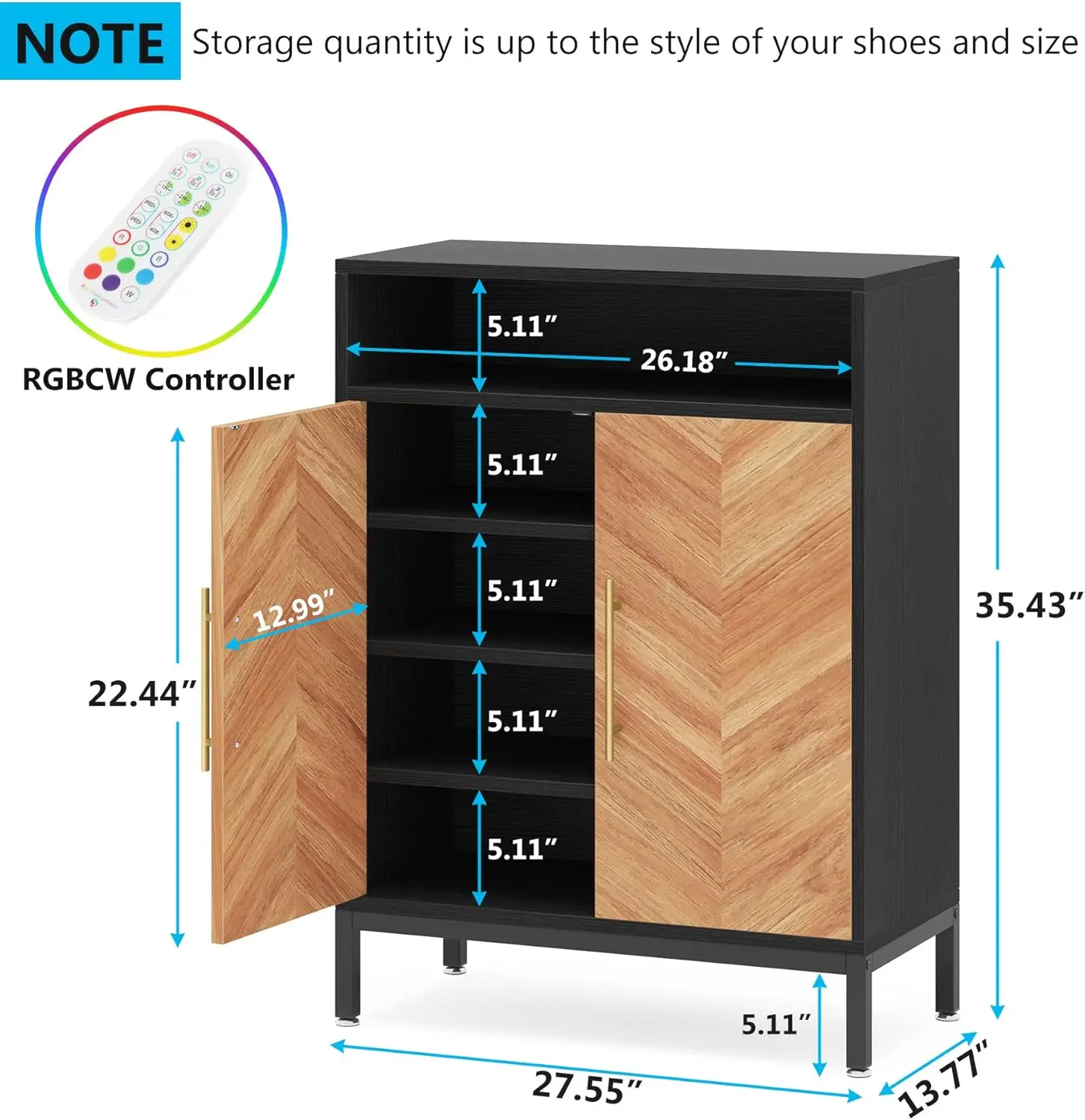 Tribesigns Shoe Cabinet with Doors and Shelves, 16 Pairs Entryway Cabinet with Led Light,5-Tier Standing Racks Storage Organizer