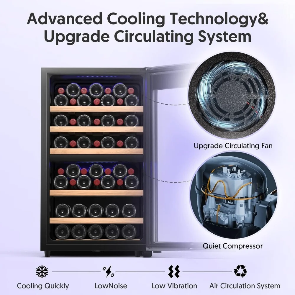 Refrigerador de vino con Control Digital de temperatura, Enfriador de 52 botellas, poco ruido, sin niebla, 20 pulgadas, 41F-68F