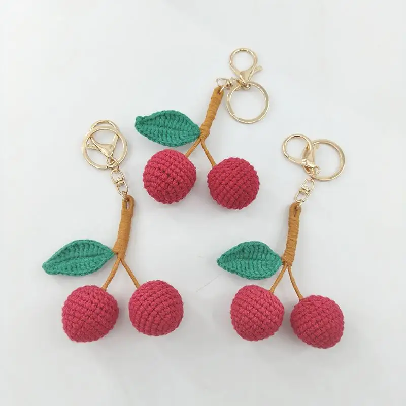 【IIOO】Crochet Lychee Cherry Keychain Accessories Unique Knitted Pendant Keyring Bag Charm Gifts