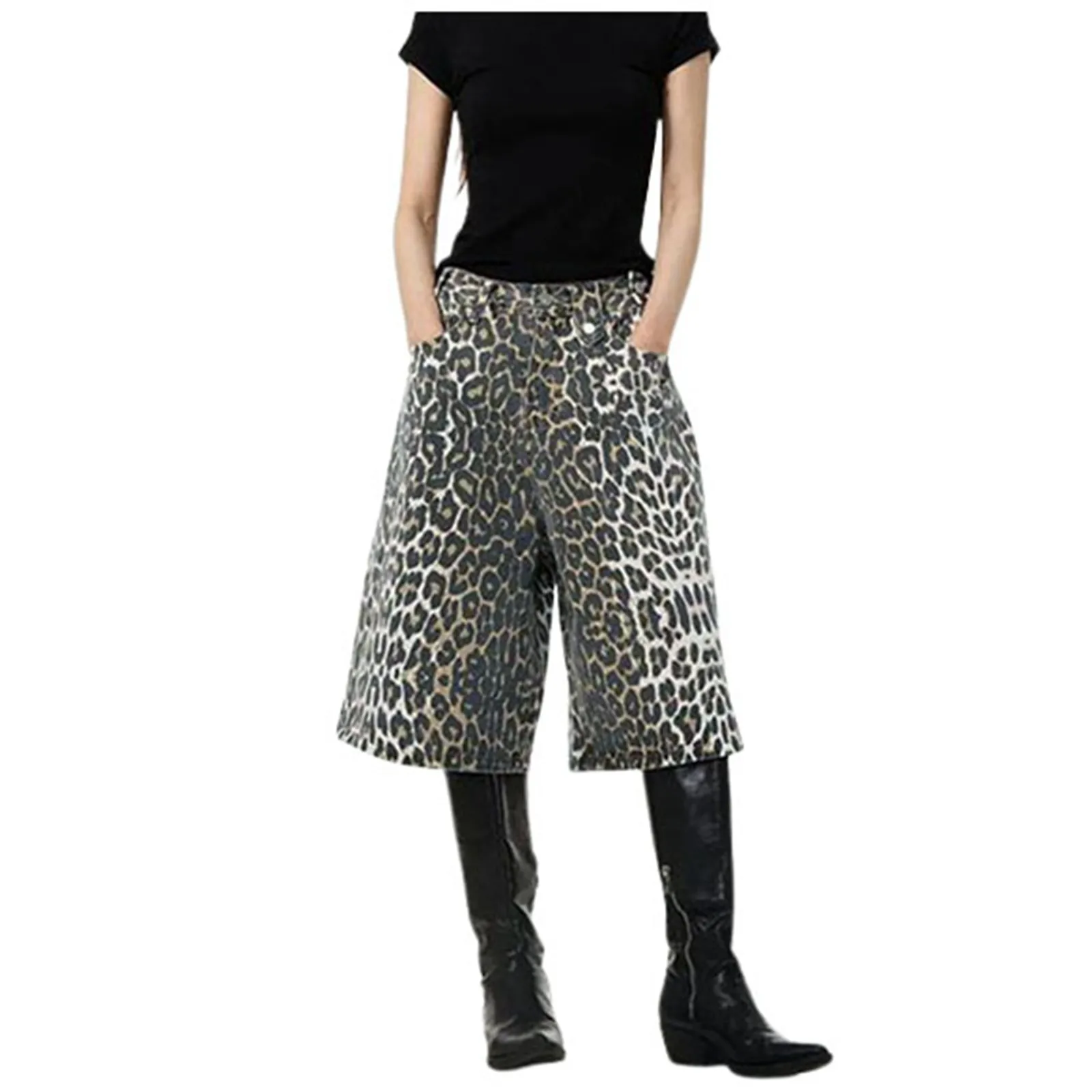 Women\'S Retro Style Leopard Camo Casual Shorts Wide Leg High Waist Fashionable & Versatile Design Sweatpants Plus Size Women