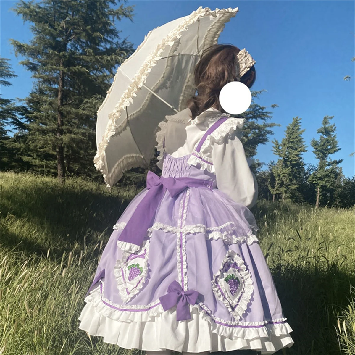 Japoński słodki styl Cosplay Lolita Jsk Kawaii dla dziewcząt słodkie koronka, falbany drukowanie winogron wstążka kokardka Mesh kobiety sukienka