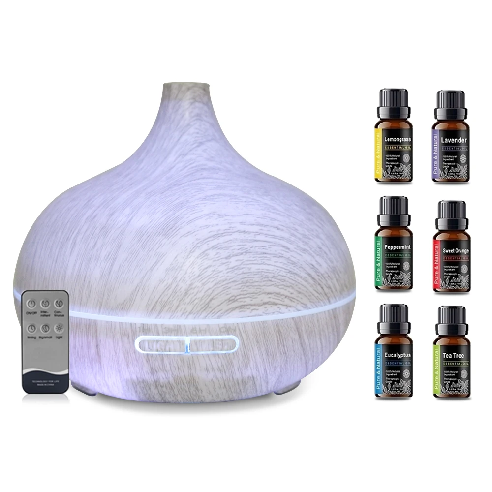 

550ml Essential Oil Diffuser Wood Grain, 6 Oils Included, Ultrasonic Humidifier, Remote Control & Auto Shut Off Perfect for Ho