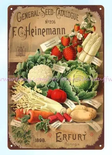 1898 Obst Gemüse f. C. Heinemann Samen Metall Zinn Zeichen Zinn Plakette Wand kunst