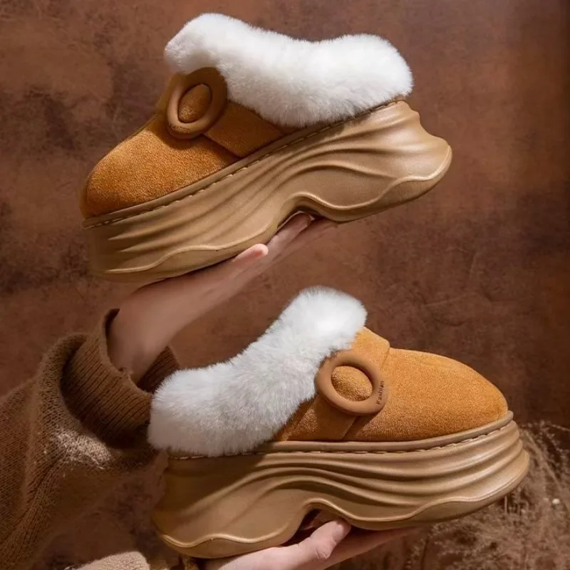 

7cm Women Cotton Slippers Fashionable New Indoor and Outdoor Winter Snow Boots Height Increasing Warm Plush Thick Soled Slippers