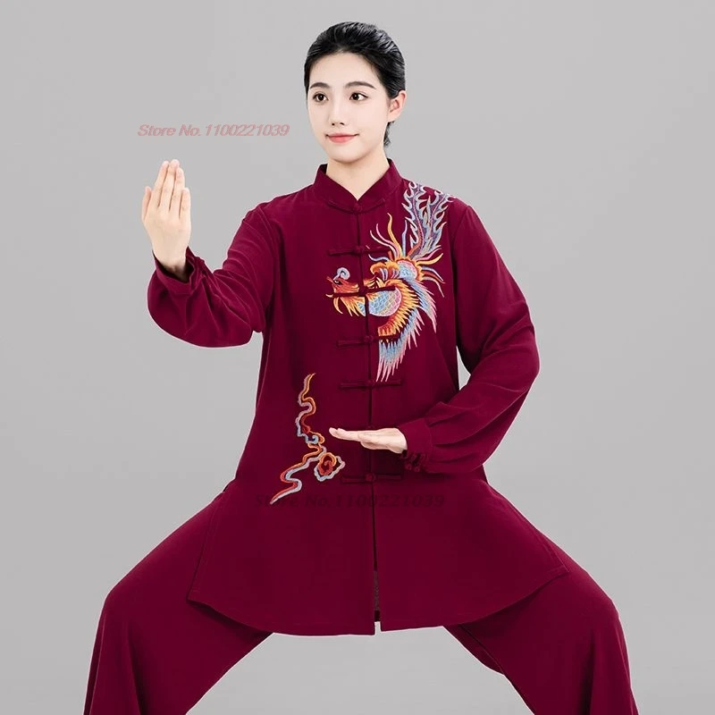 

2025 chinese vintage tai chi wushu kungfu tops+pants set martial arts tai chi national phoenix embroidery team performance set