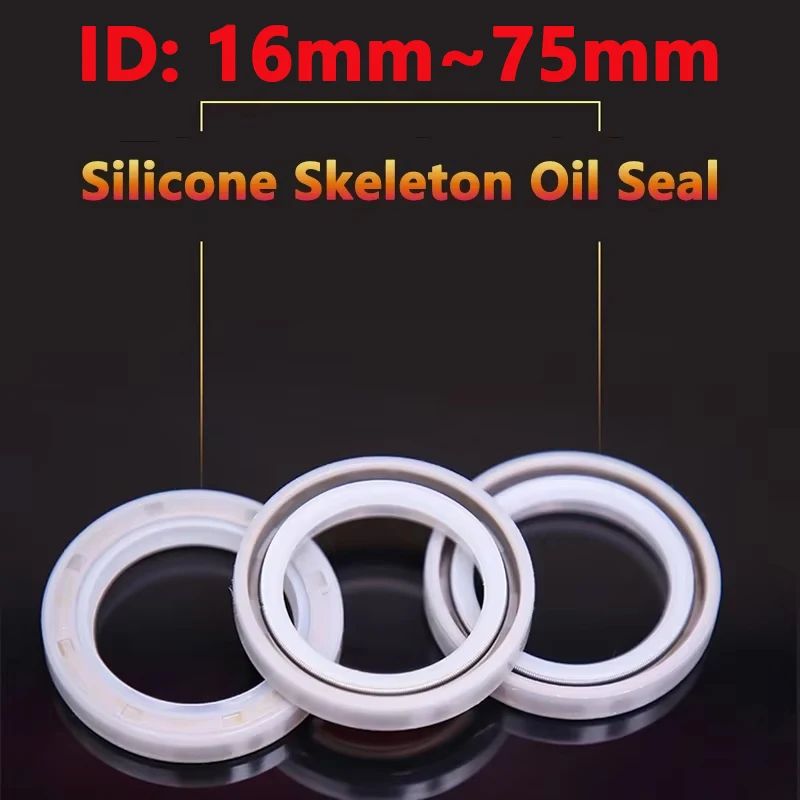 1pcs White Silicone Skeleton Oil Seal ID16-75mm OD 26-95mm High Temp Resistant Acid Proof Shaft Lip Seal Gasket 7-12mm Thickness