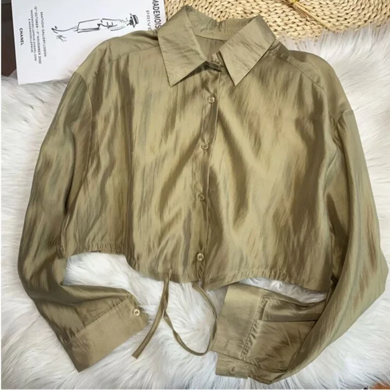 

Женские весенние рубашки из вискозы с отложным воротником, коротким рукавом, дизайнерским подолом с завязками, легкие однотонные топы, женские блузки