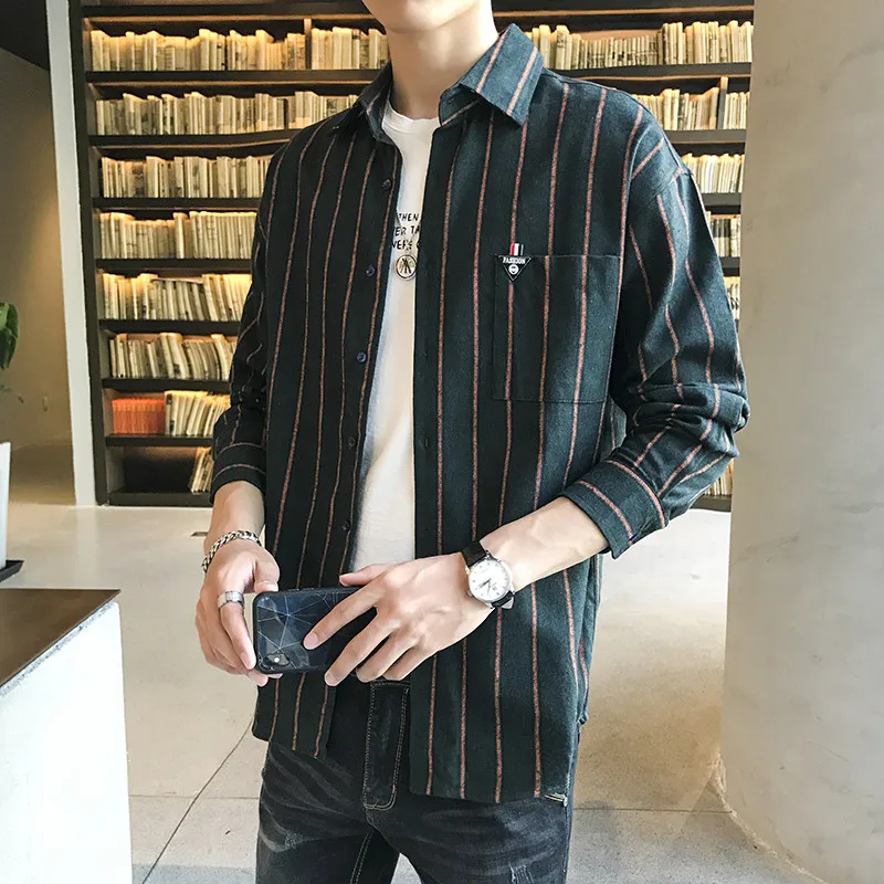 Men's Spring Autumn Turn-down Collar Button Pocket Letter Striped Blocked Long Sleeve Cardigan Shirt Coats Fashion Casual Tops