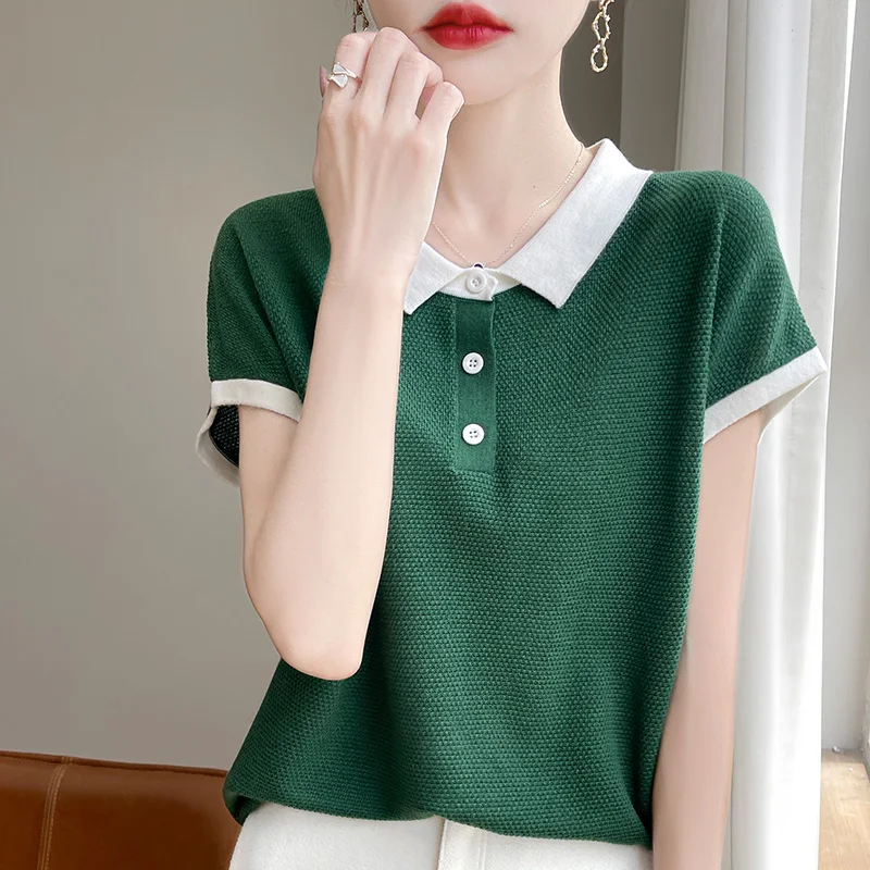 

Высококачественный тонкий вязаный свитер контрастного цвета с лацканами, летний свободный топ в западном стиле, повседневная универсальная футболка, женский новый стиль