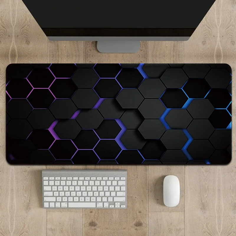 

3D Hexagon Neon Gaming Mouse Pad Extended Black Purple Blue Desk Mat Non Slip Rubber Keyboard Pad for PC Cyberpunk Setup