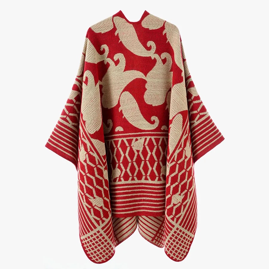 Women Geometric Jacquard Poncho Shawl Oversize Vintage Open Front Faux Cashmere Cape Autumn Winter Casual Travel Warm Wrap