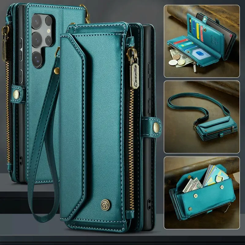 S24 Ultra S23 S22 S21 S20 FE 4G 5G Card Bag Case Zipper Wallet Crossbody for Samsung Galaxy S24 Plus S10 S 24 23 20 Book Funda