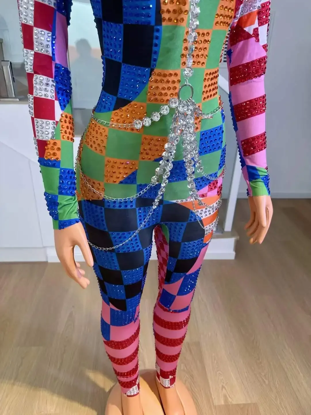 حجر الراين الملونة جوكر زي حللا للنساء تمتد Groop الرقص المغني المرحلة ارتداء هالوين ليلة كلوبوير DJ DS Gogo