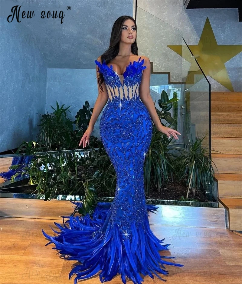 Royal Blue African Prom Dresses Sweetheart Mermaid Court Train Formal Occasion Dresses Arabic Robe De Soirée For Wedding Party