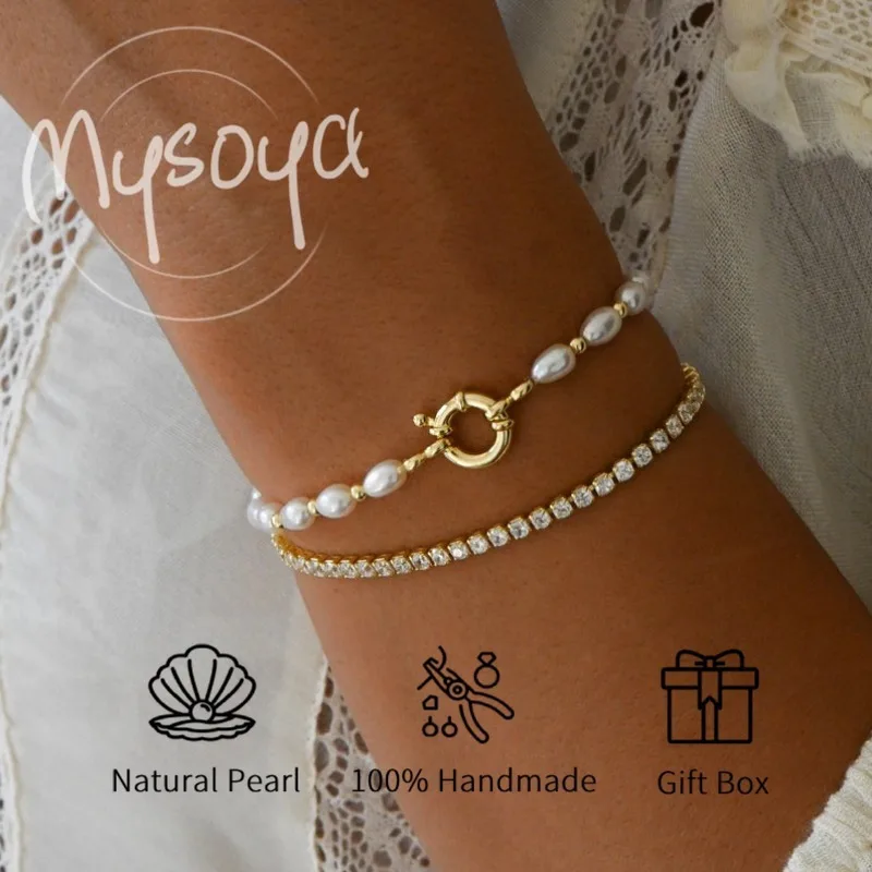 

MYSOYA браслет из натурального пресноводного жемчуга для женщин и мужчин, простые ювелирные изделия с подарочной коробкой, идеальный подарок на день рождения, свадьбу