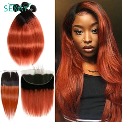 Sexay 1B Orange Bundles With Closure Baby Hair Brazilian Bone Straight Human Hair Weave 3 Bundles With Lace Frontals Pre Plucked
