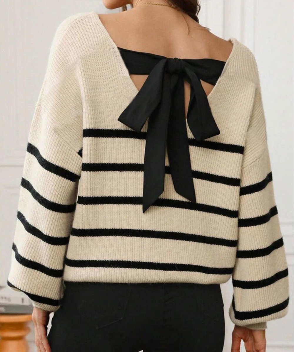 Women's Sweater Knit Tops Back Tied Bow Decorate V-neck Long Sleeve Stripe Pullover Autumn Winter Casual Streetwear