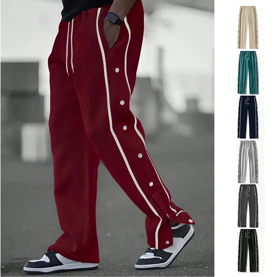 

2026 Casual Streetwear Men's Trendy Side Breasted Design Baggy Pants Spring Autumn New Men's Straight Leg Drawstring Sweatpants
