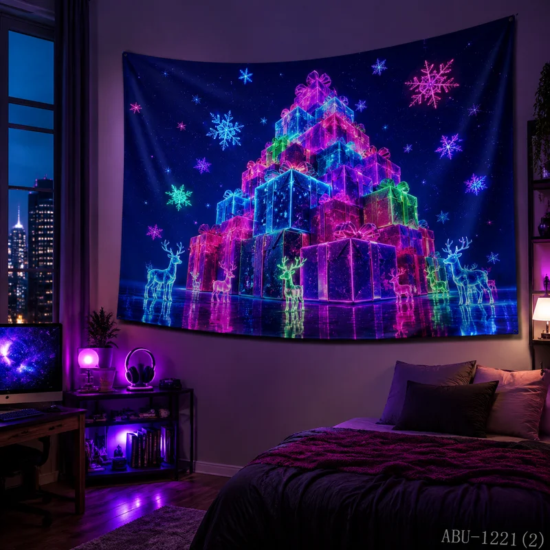 VIKAMA Neon Crystal Gift Box Pile Christmas Tree Elk Snow Mirror Tapestry, HD Wall Fabric, Crystal-Clear Holiday Atmosphere