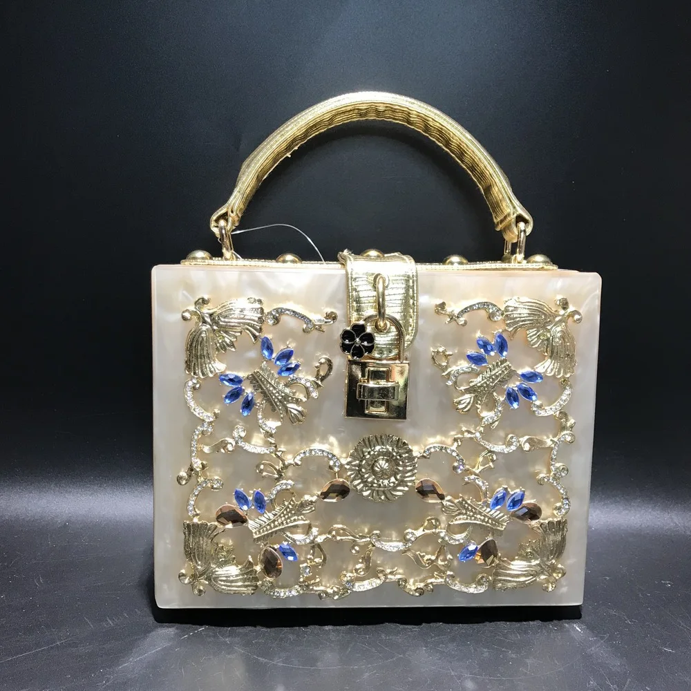 Women bags Metals carving Rhinestone handbag One-shoulder Crossback Bag for Women Wedding Party Fashion Crossbody Square Bags