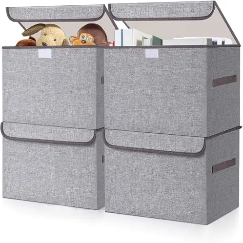 

22 Qt Foldable Storage Bins w/ Lids - 4 Pack Gray Organizer Baskets for Closet, Home, Office - 14.6"