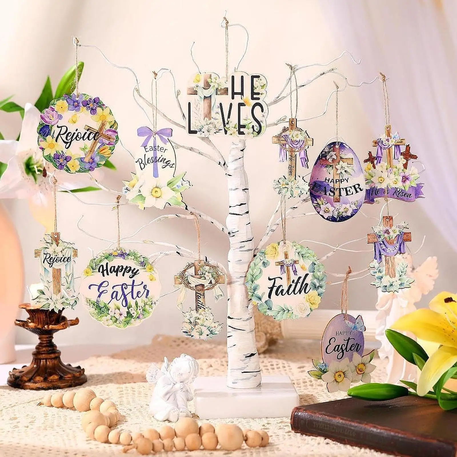 

24 Pieces Easter Wooden Hanging Ornament Gift Pendant for Home Window Mantle