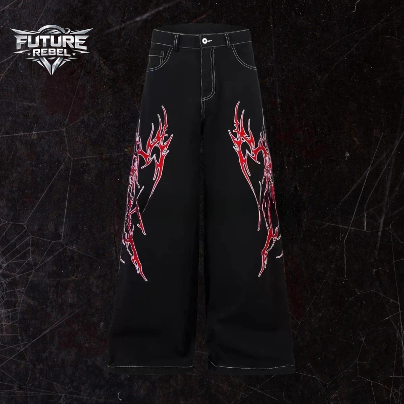 Vintage American Flame Jeans Men Flare Straight Leg Loose High Street Casual Streetwear Y2K Gothic Denim Unisex Harajuku Hip Hop