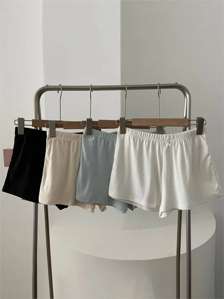 Słodkie Szorty Dresowe z Oczkami, Prosta Kokarda, Damskie Letnie Nowe Elastyczne Spodenki Bawełniane, Codzienne Gładkie Podstawowe Szorty Domowe Piżamowe Y2K