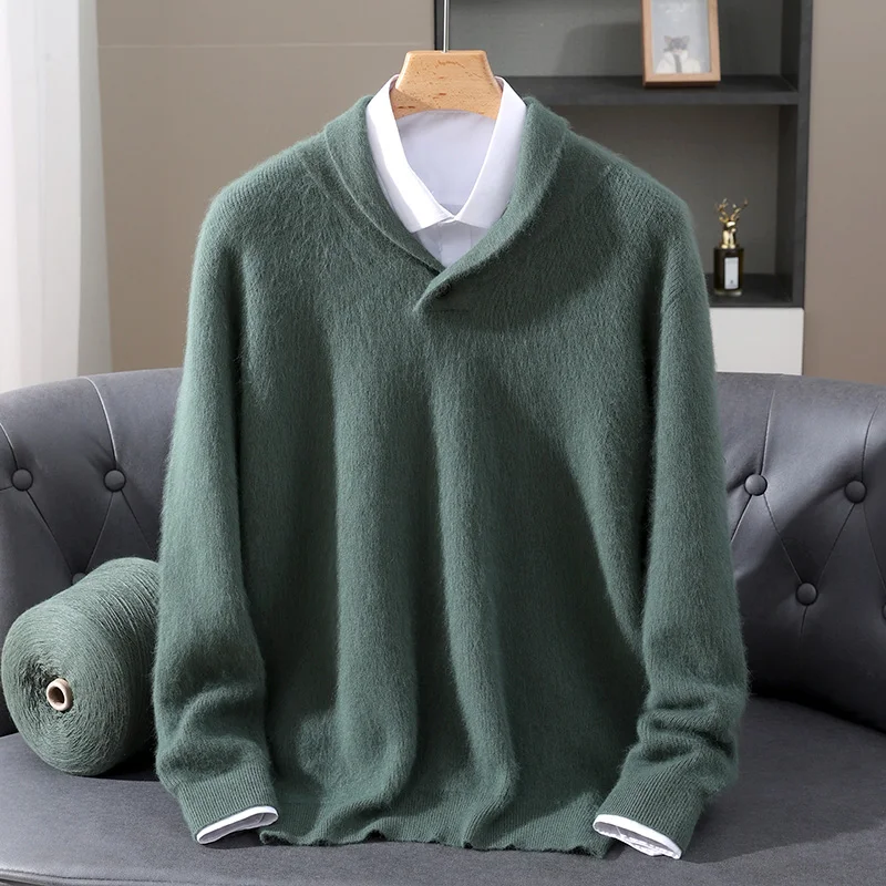 

Elastic Men Long Sleeve Knitwear Sweater Autumn And Winter Turn-Down Collar 100% Mink Cashmere Soft Warm Clothing Tops