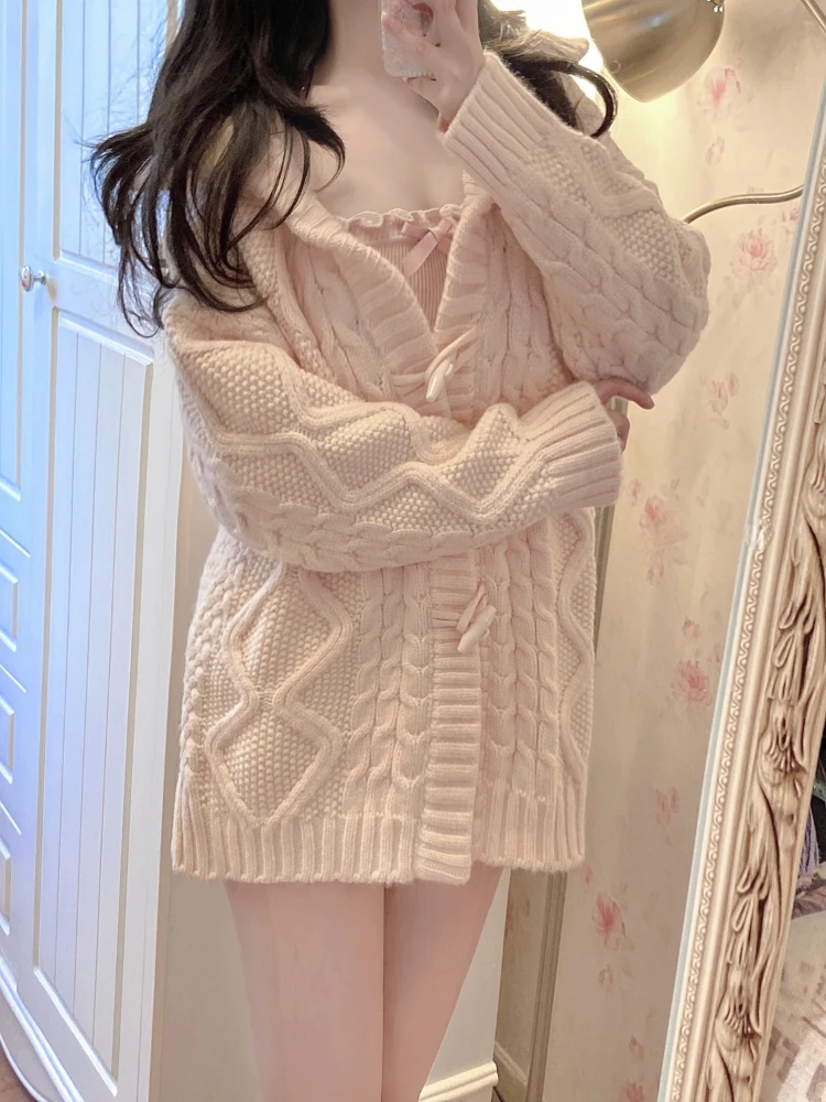 2023 Winter Long Sweater Cardigan + Bodycon Y2k Mini Skirt Pink Kawaii Knitted Dress Set Korean Fashion Sexy Slim Suit Woman