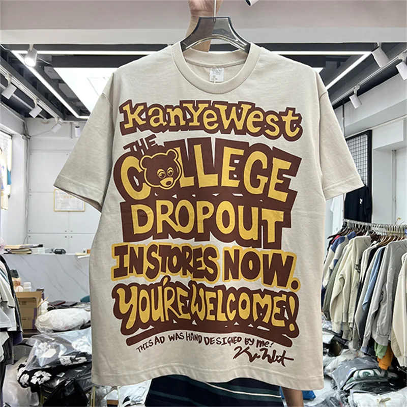 

Oversize Yellow Slogan Kanye West T-shirt Men Women High Quality Round Neck T-shirts Bear Head Print Top Tee