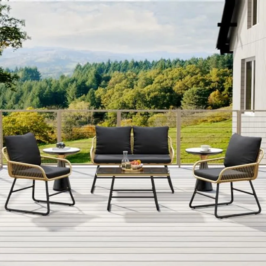 Patio Furniture Set, Outdoor Wicker Conversation Sets, Boho Loveseat and 2 Armchairs with Cushion and Pillow, Glass Top Table f