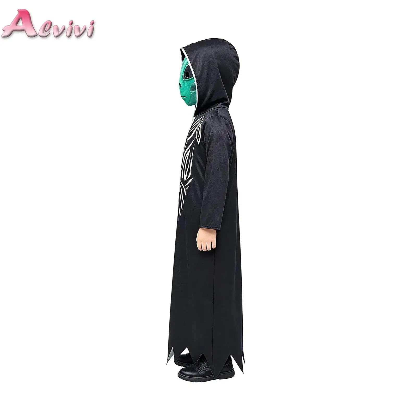 Boys Girls Alien Cosplay Costume Set Long Sleeve Hooded Robe with Head Cover Headpiece for Halloween Dress-up Stage Performance
