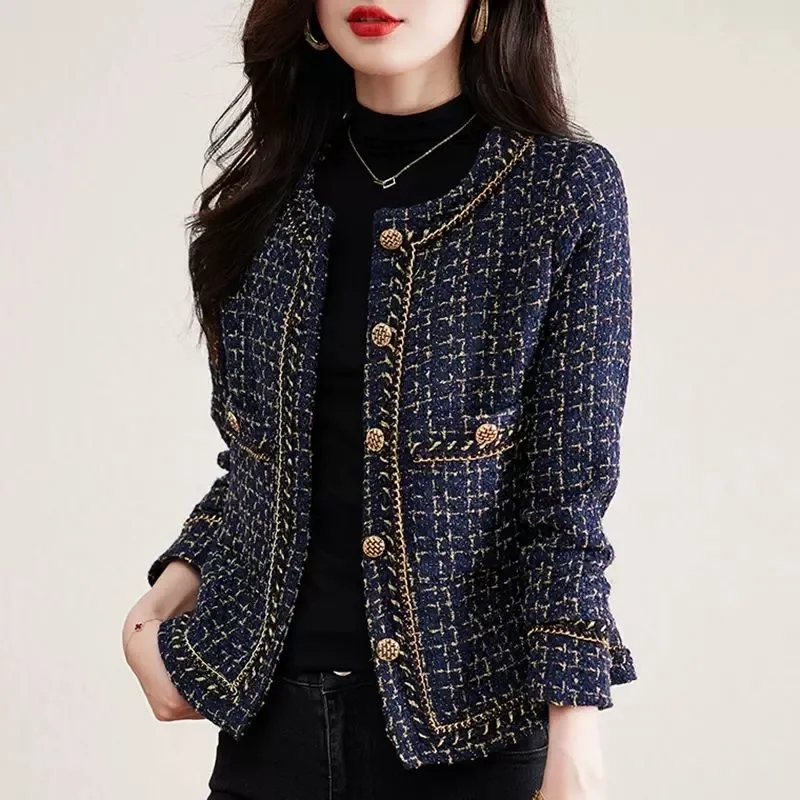 Vintage Cropped Tweed Jacket Women Blazer Korean Chic Single-breasted Long Sleeve Plaid Coat Spring Autumn Suit Outerwear New