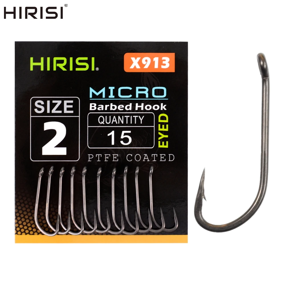 Hirisi 15pcs PTFE Coated High Carbon Steel Fish Hook Micro Barbed With Eye Long Shank X913 Carp Fishing  Accessories