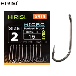 Hirisi 15pcs PTFE Coated High Carbon Steel Fish Hook Micro Barbed With Eye Long Shank X913 Carp Fishing Accessories