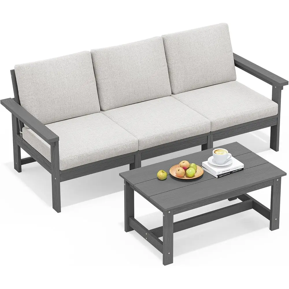 

4-Piece HDPE Outdoor Sectional Sofa Set with Weather-Resistant Grey Frame and Khaki Cushions