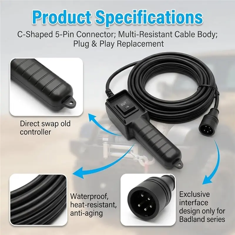 ac29-Cable 5 Prong Winch Remote Control Switch For Badland Winches C-Shaped 5-Pin Connector, Fits For Badlands Harbor Freight