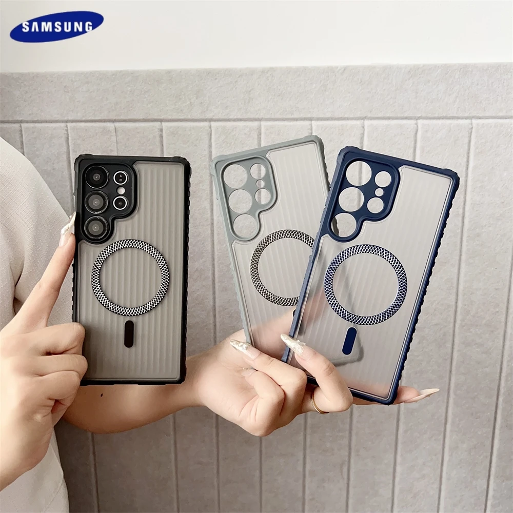 حافظة مغناطيسية شفافة غير لامعة لهاتف سامسونج جالاكسي S25 S24 S23 S22 Ultra Plus حماية لعدسة Magsafe للشحن اللاسلكي غطاء عمودي