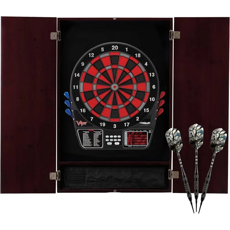 Metropolitan Solid Wood Cabinet  Electronic Dartboard Ready-to-Play Bundle with Two Sets of SoftTip Darts and Integrated Storage