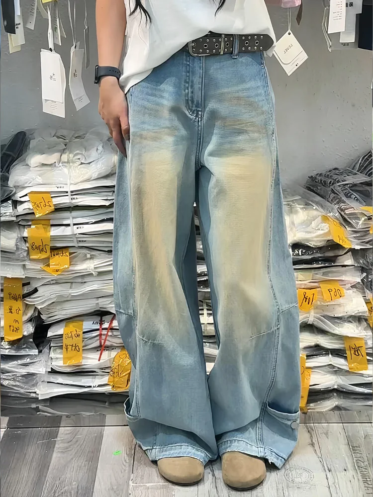 

American High Street Design Pocket Versatile Denim Jeans Women Summer Spicy Old Washed Yellow Mud Floor-Length Pants