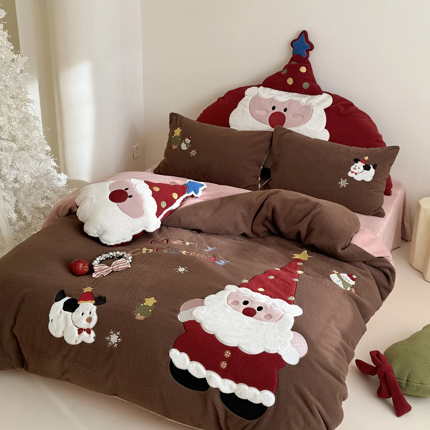 3/4Pcs Santa Claus Applique Embroidery Imitation Cashmere Velvet Bedding Set Duvet Cover Bed Sheet Pillowcases Christmas Gifts