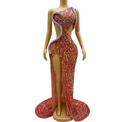 Sexy Stage Luxurious Colorful Crystals Big Train Split Dress Evening Birthday Celebrate Party Film Festival Rhinestones Costume